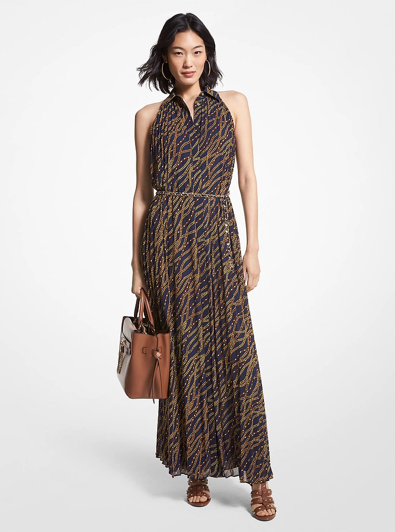 Status Print Georgette Halter Dress in MIDNIGHTBLUE | Michael Kors