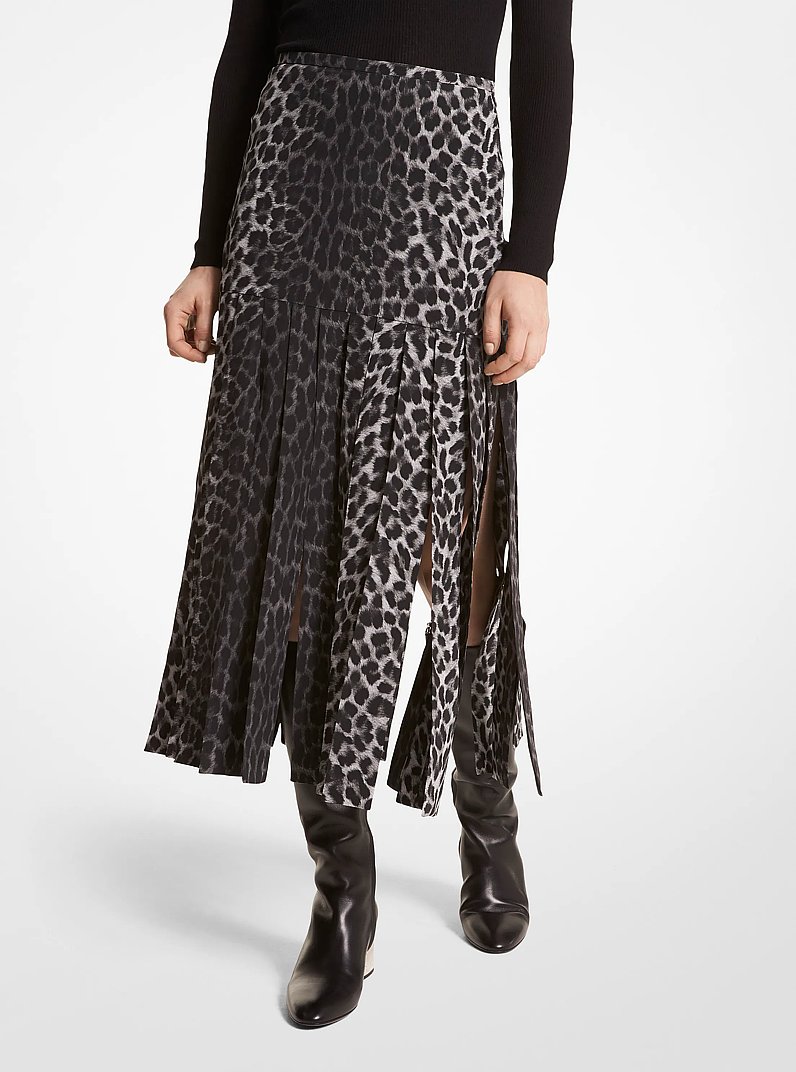 Leopard Silk Crepe De Chine Streamer Skirt in GRAPHITE MUL | Michael Kors