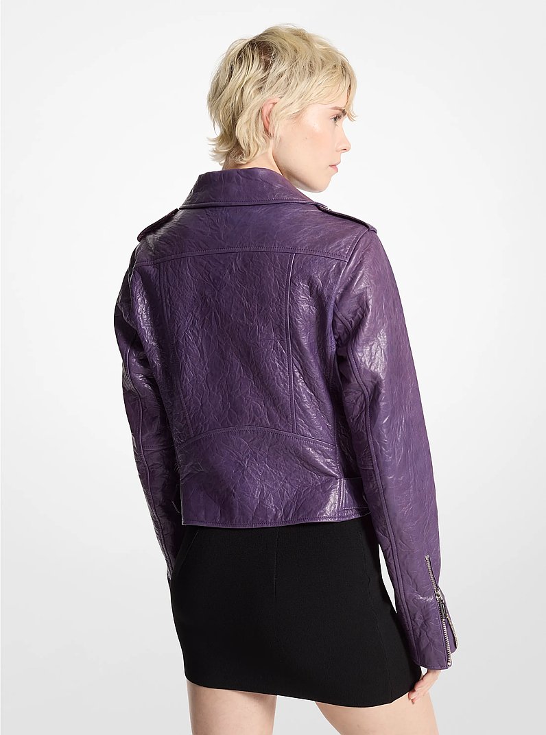 Crinkled Leather Cropped Moto Jacket in DARK IRIS | Michael Kors