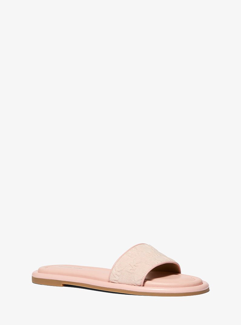 Dana Logo Embossed Denim Slide Sandal in ROSEWATER | Michael Kors