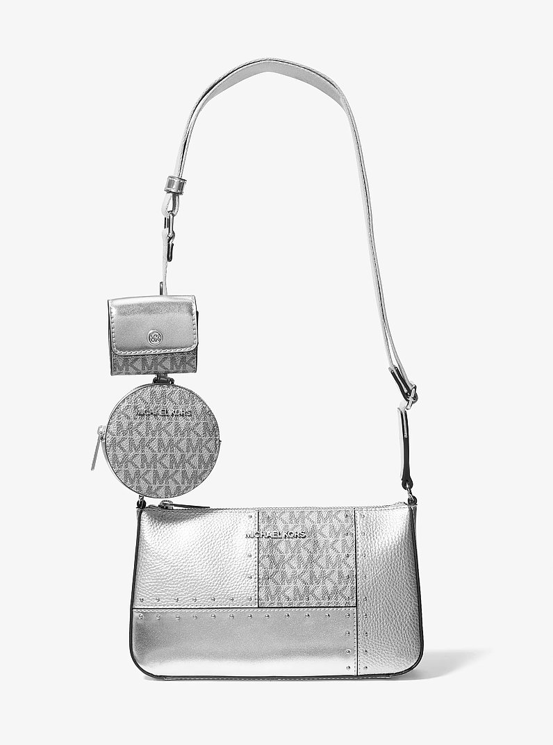 Jet Set Travel Small Metallic Patchwork and Signature Logo Crossbody Bag in SILVER | Michael Kors