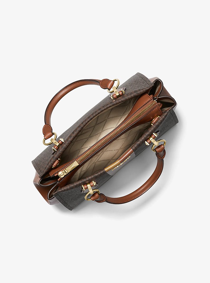 Marilyn Medium Logo Stripe Satchel in BROWN/LUGGAGE | Michael Kors
