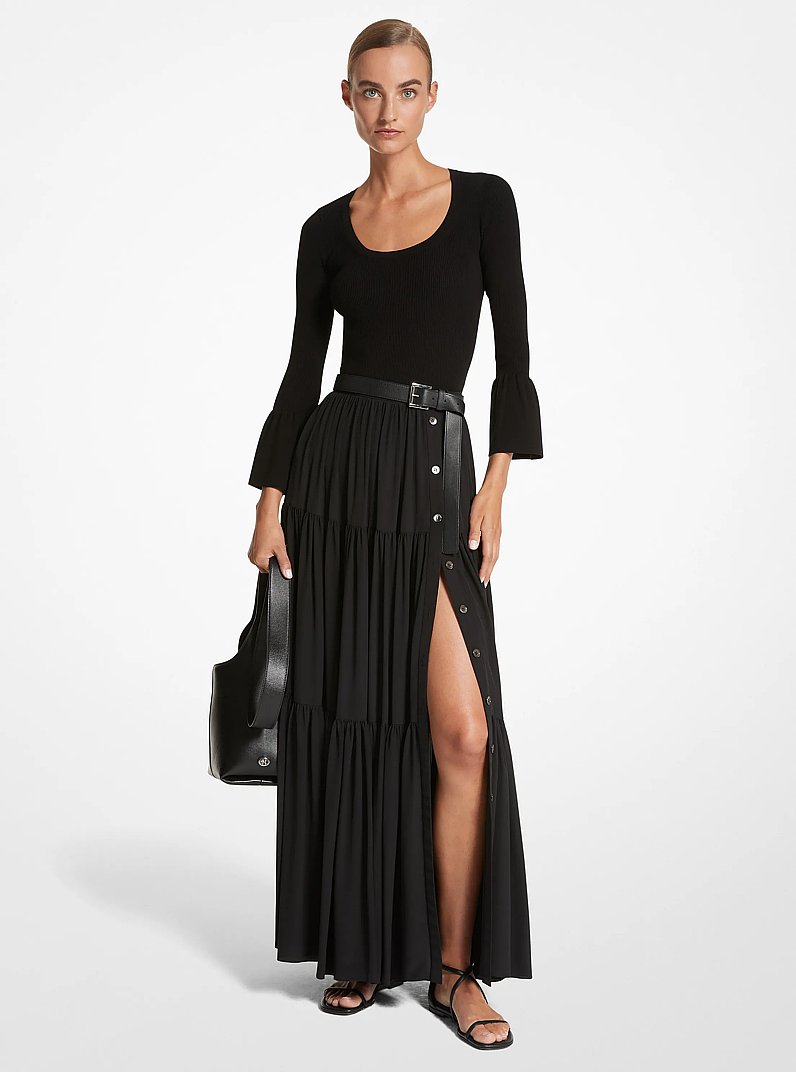 Organic Silk Crepe De Chine Tiered Skirt in NEGRO | Michael Kors