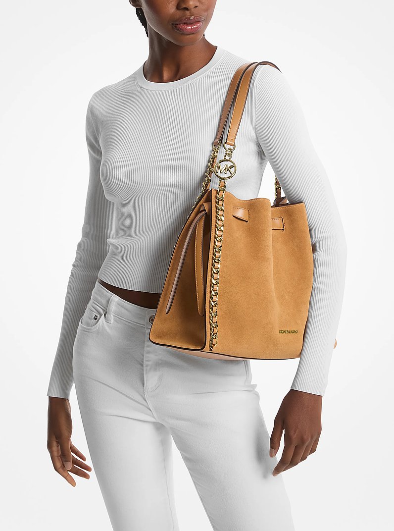Mina Large Suede Chain Shoulder Bag in POWDER BLUSH - Sale
