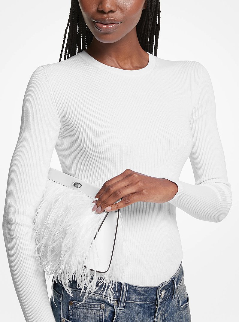 Tabitha Large Feather Embellished Leather Clutch in OPTIC WHITE | Michael Kors