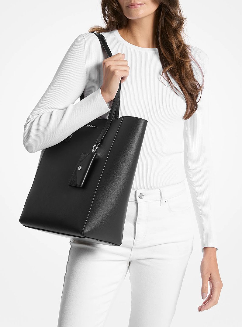 Vincent Large Saffiano Leather Tote Bag With Card Case in BLACK | Michael Kors