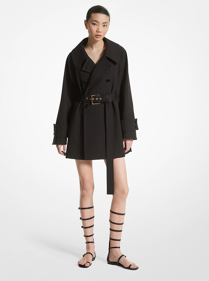 Cotton and Linen Blend Gabardine Half Belt Trench Coat in BLACK | Michael Kors