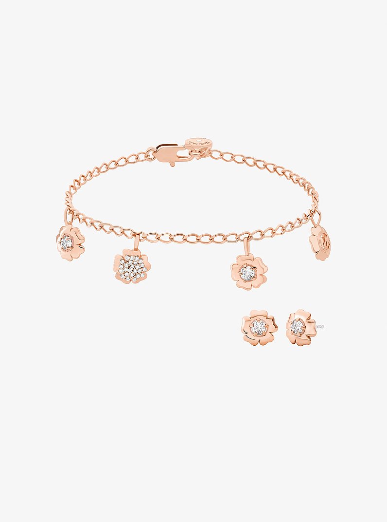 Pav&eacute; Flower Charm Bracelet and Stud Earrings Jewelry Set in ROSE GOLD | Michael Kors