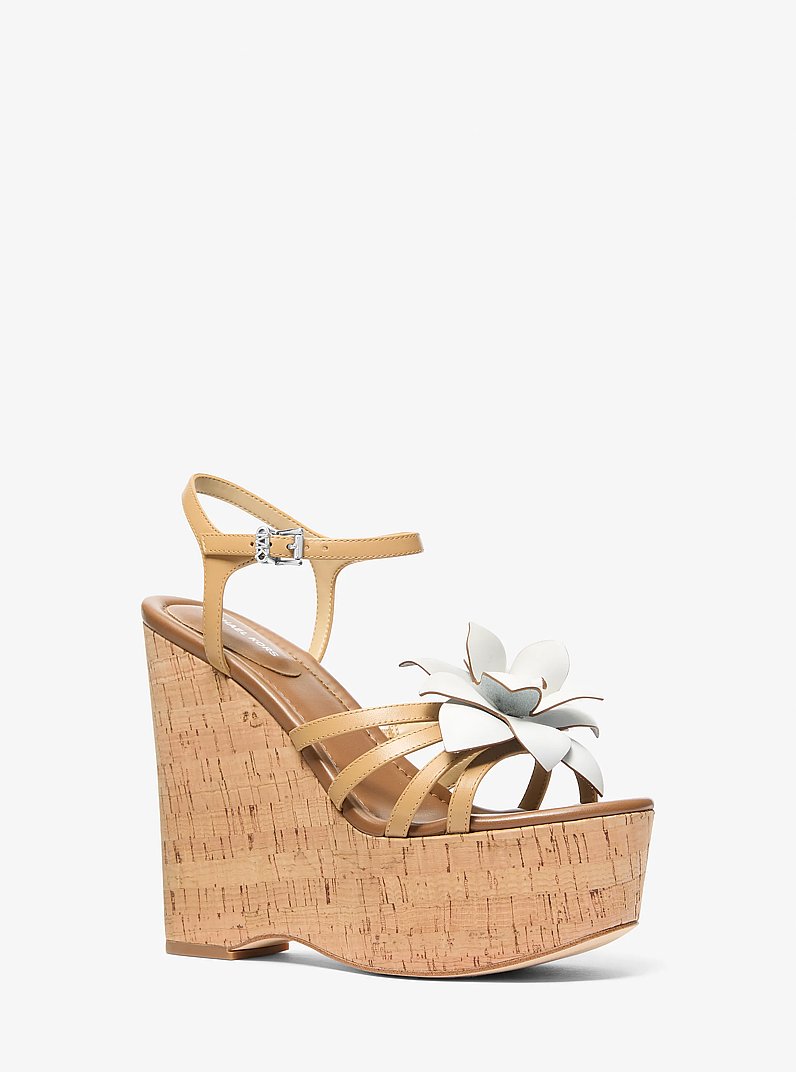 Jacie Floral Embellished Leather Wedge Sandal in PEANUT | Michael Kors