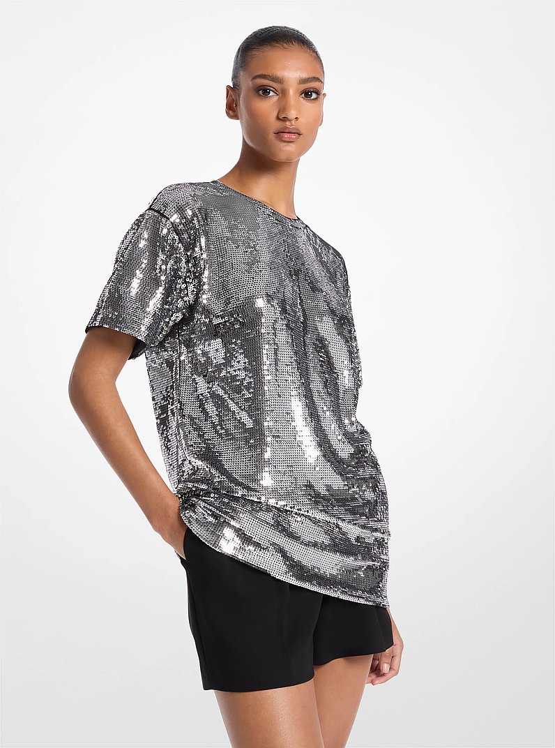 Sequined Jersey Oversized T-Shirt in SILVER | Michael Kors