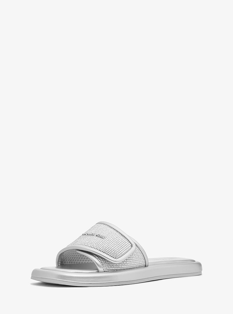 Suki Embellished Metallic Slide Sandal in SILVER | Michael Kors