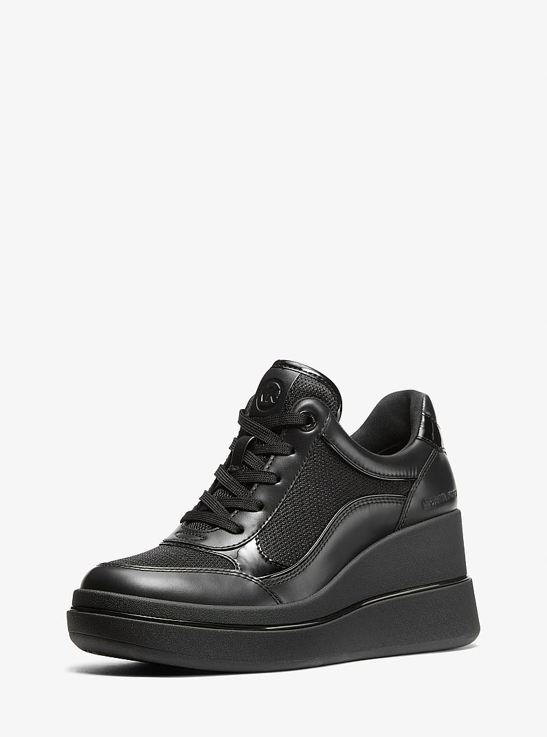 Emmy Leather and Mesh Wedge Trainer in BLACK | Michael Kors