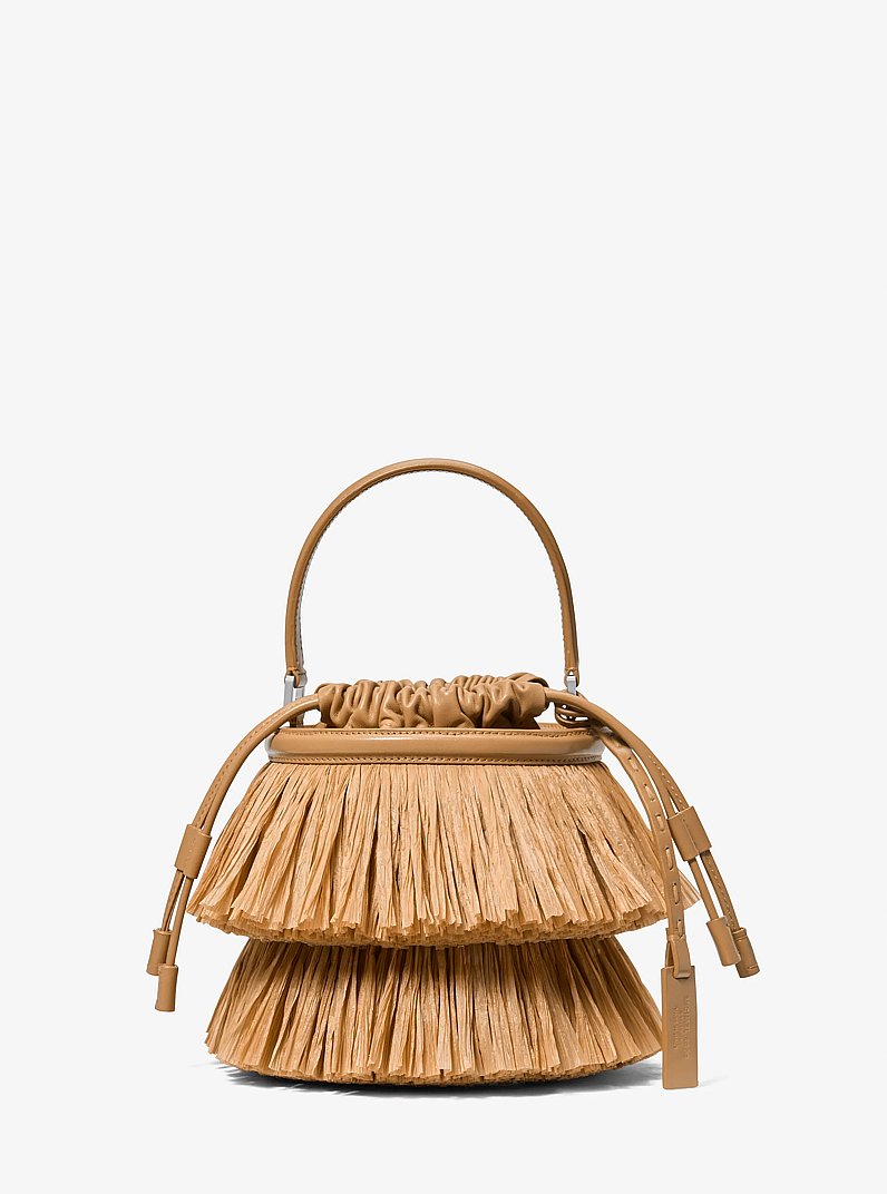 Ischia Mini Leather and Fringe Bucket Bag in NATURAL/PEANUT | Michael Kors