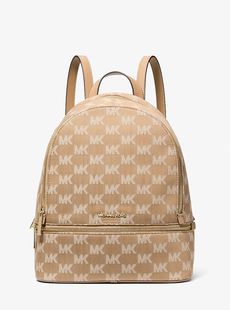 Rhea Medium Logo Jacquard Denim Backpack in CAMEL | Michael Kors