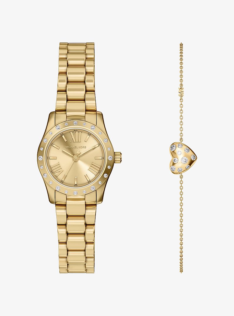 Petite Lexington Pav&eacute; Gold Watch and Heart Bracelet Gift Set in GOLD | Michael Kors