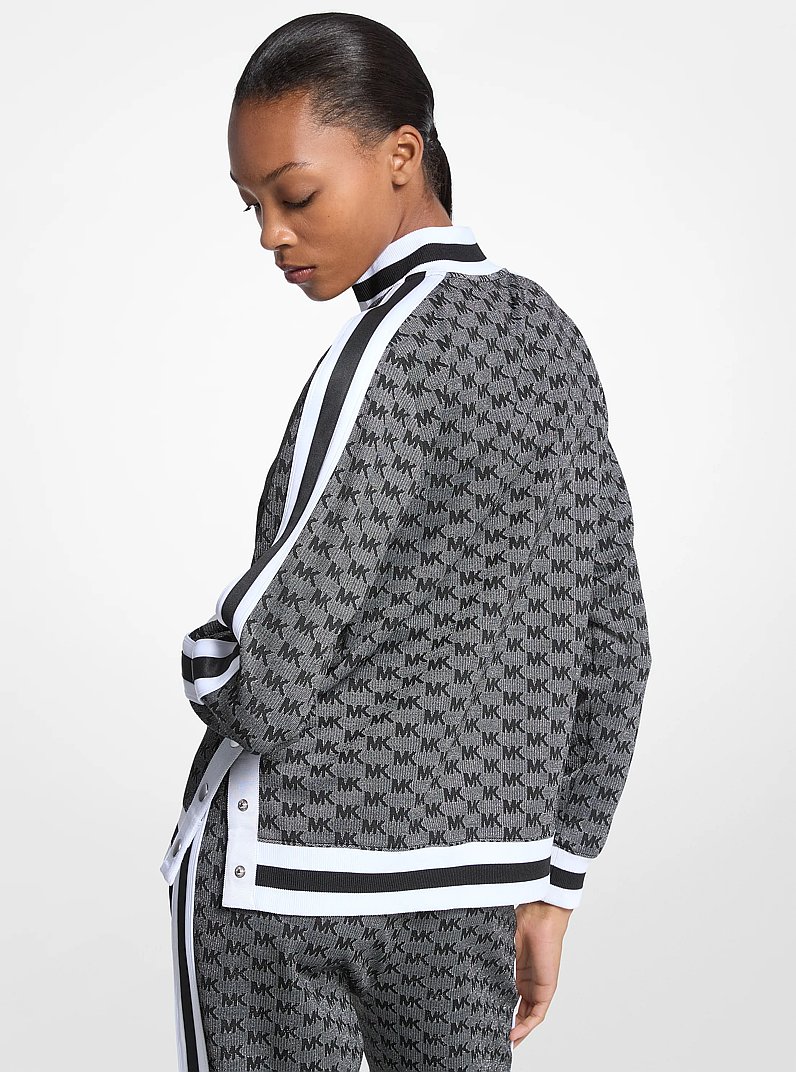 Logo Print Metallic Stretch Knit Half-Zip Jacket in BLACK/SILVER