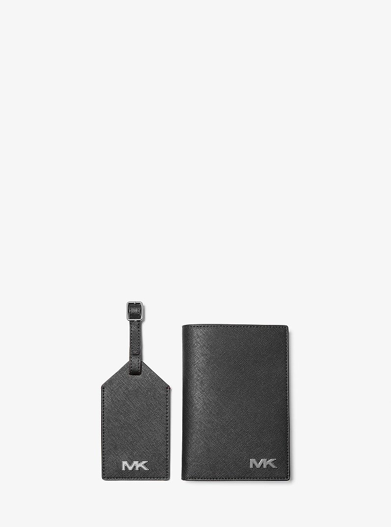 Saffiano Leather Passport Case and Luggage Tag Gift Set in BLACK | Michael Kors