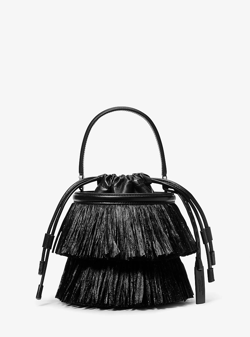 Ischia Mini Leather and Fringe Bucket Bag in BLACK | Michael Kors