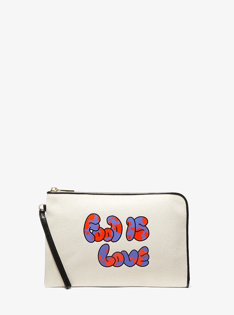 Watch Hunger Stop LOVE Medium Cotton Canvas Pouch in NATURAL/BLACK | Michael Kors