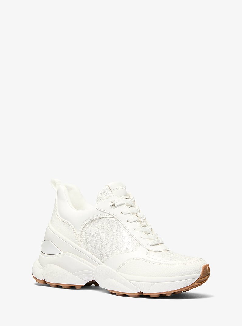 Katrina Sequined Mixed-Media Trainer in BRIGHT WHT | Michael Kors