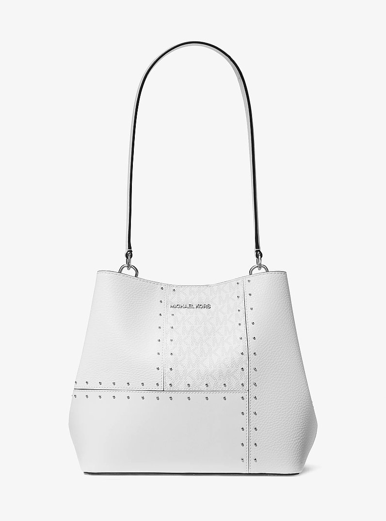 Pratt Medium Studded Patchwork and Signature Logo Shoulder Bag in OPTIC WHITE | Michael Kors