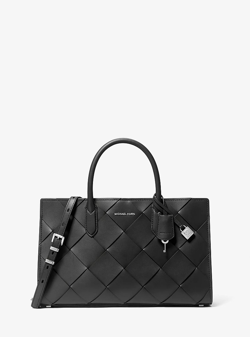 Scarlett Medium Woven Leather Satchel in BLACK | Michael Kors