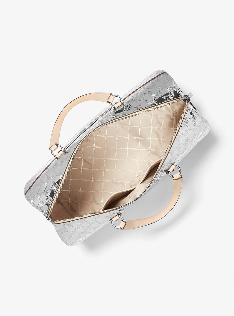 Grayson Extra-Large Logo Embossed Patent Weekender Bag in SILVER | Michael Kors