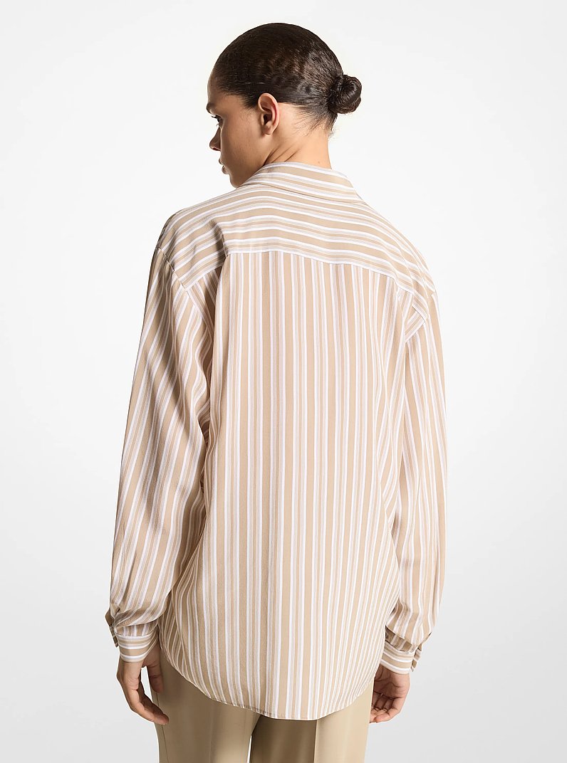 Striped Silk Crepe De Chine Boyfriend Shirt in Sand/Opt Wht | Michael Kors