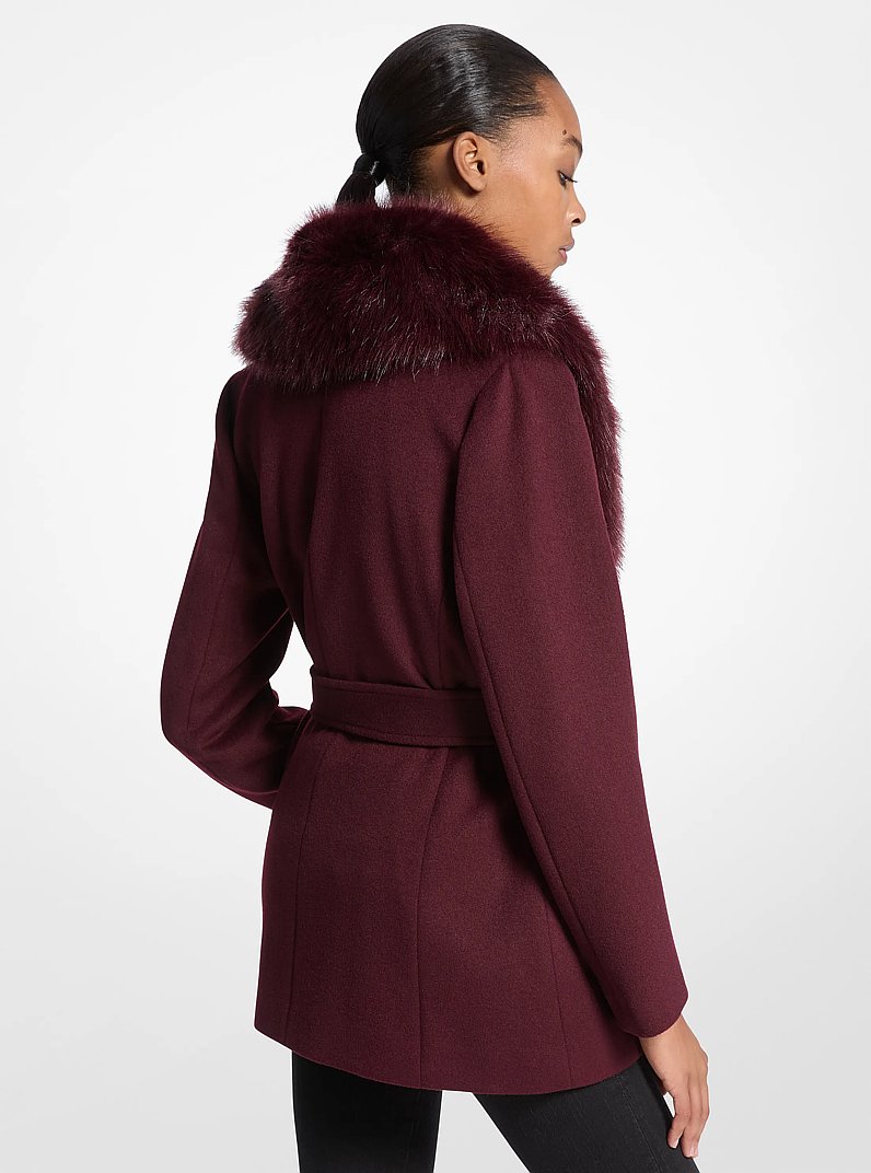 Faux Fur Trim Wool Blend Coat in MERLOT | Michael Kors