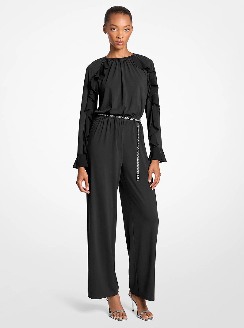 Ruffled Stretch Matte Jersey Belted Jumpsuit in NEGRO | Michael Kors