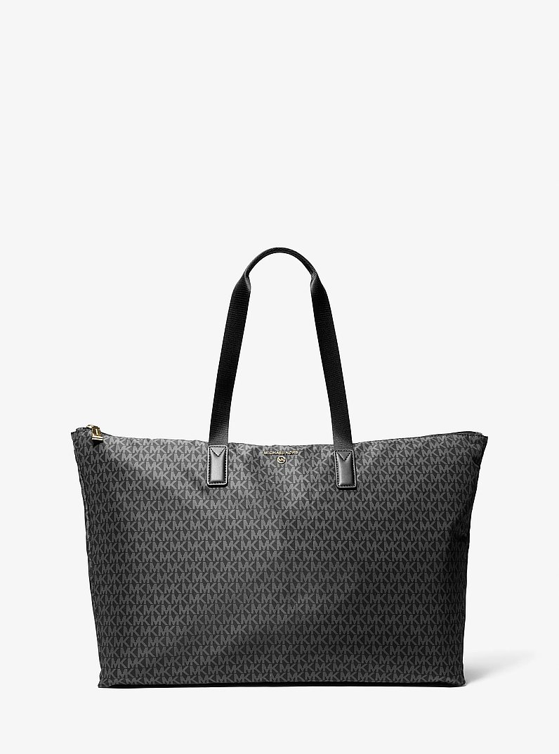 Jet Set Travel Large Signature Logo Print Woven Tote Bag in BLACK | Michael Kors