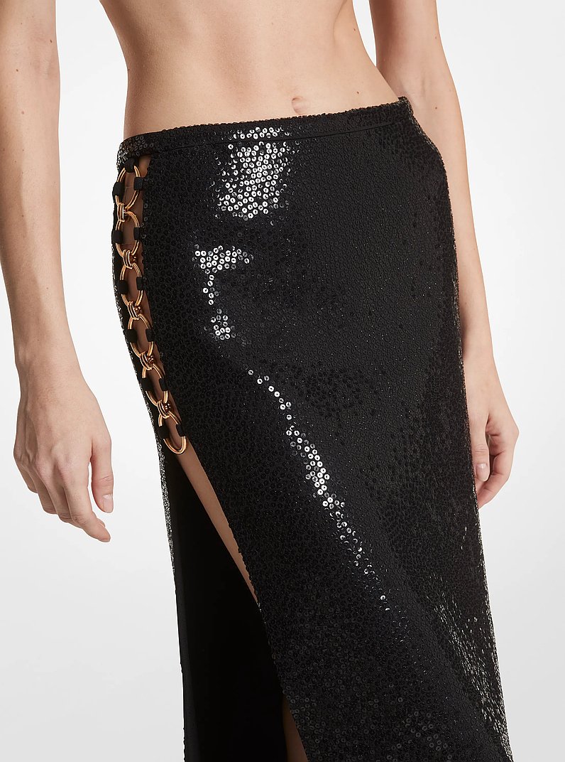 Hand-Embroidered Sequin Double Crepe Sabl&eacute; Ring Slit Skirt