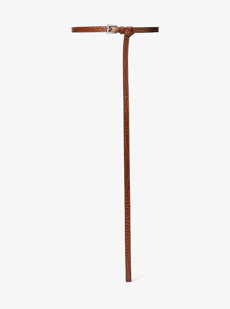 Joni Crocodile Embossed Leather Trouser Belt in CHESTNUT | Michael Kors