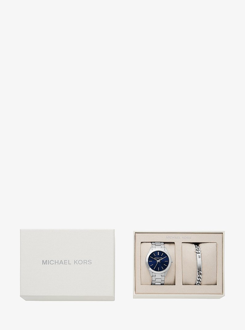 Oversized Aspyn Silver-Tone Watch and Bracelet Jewelry Gift Set in SILVER | Michael Kors