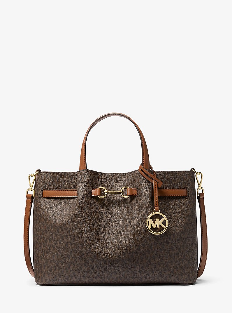 Carson Medium Signature Logo Satchel in BROWN | Michael Kors