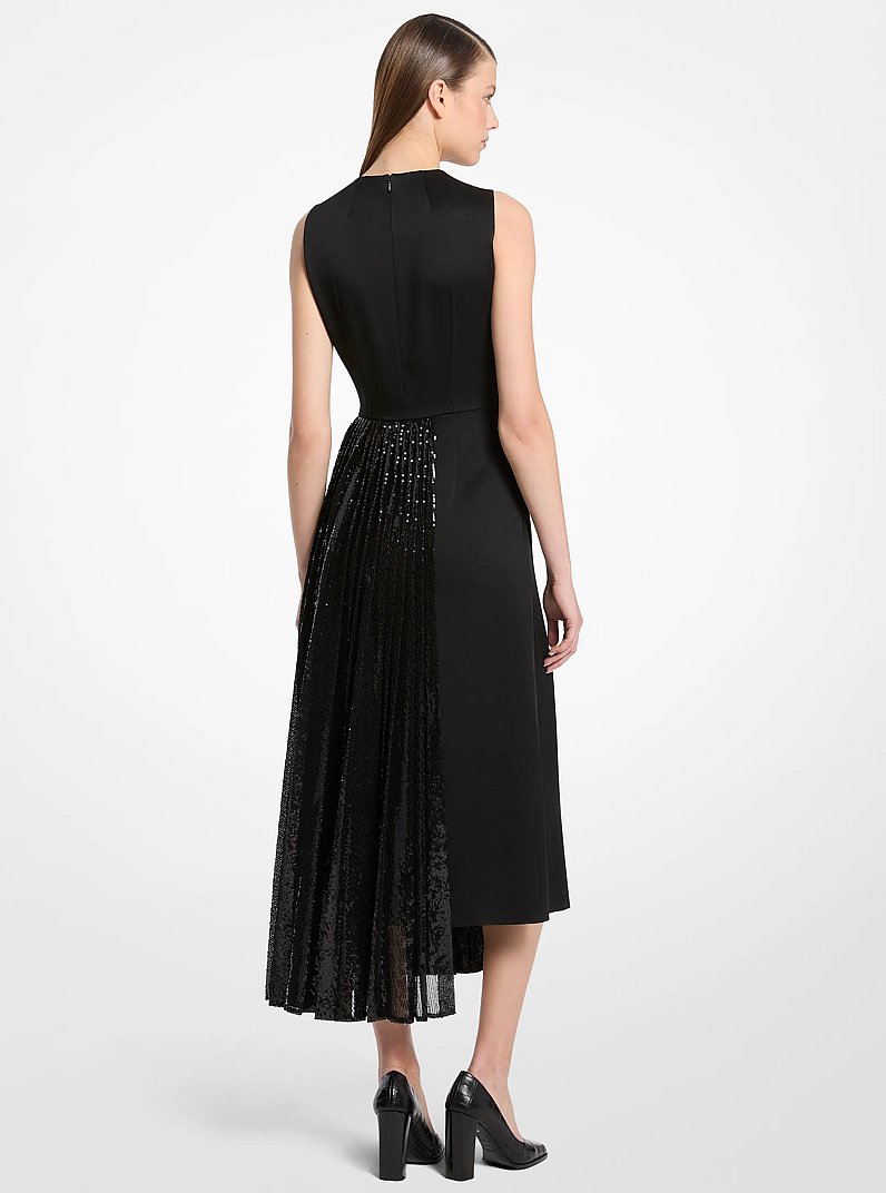 Vestido recto de sat&eacute;n y tul con lentejuelas bordadas a mano in NEGRO | Michael Kors