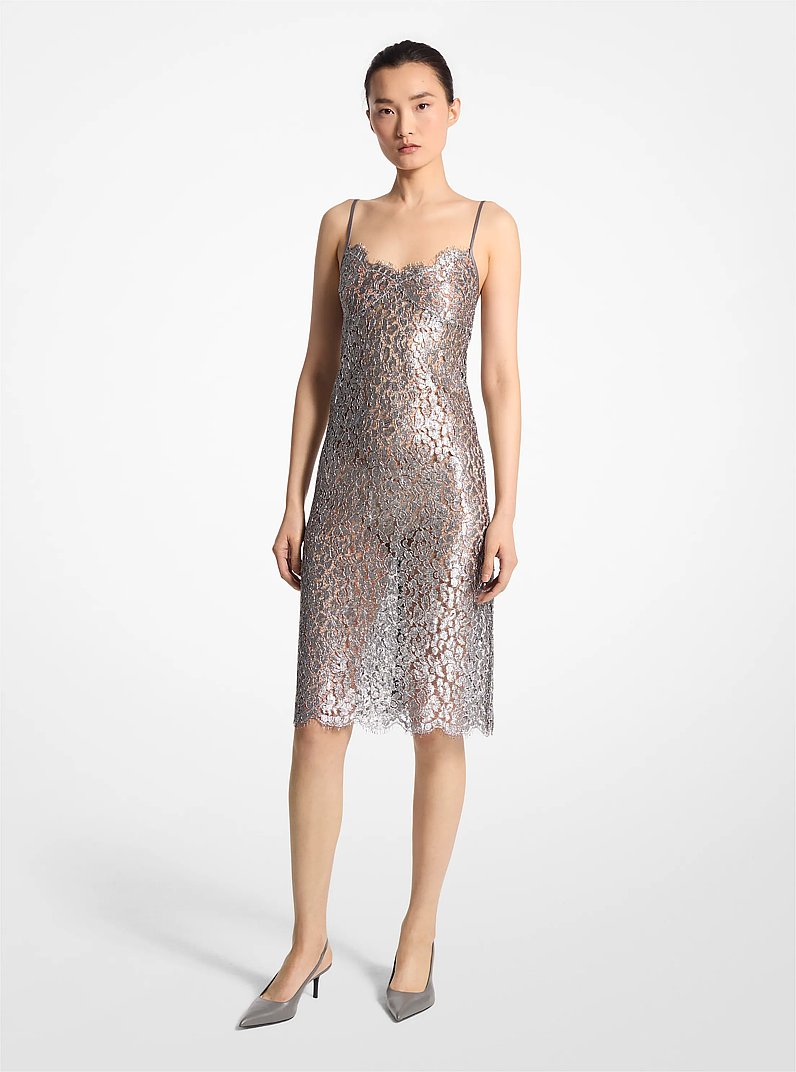 Metallic Floral Lace Slip Dress in GUNMETAL | Michael Kors