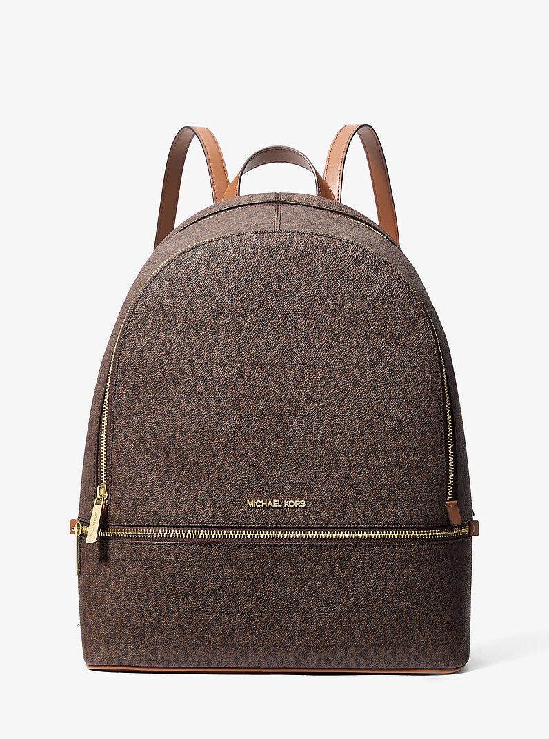Rhea Large Signature Logo Backpack in BROWN | Michael Kors