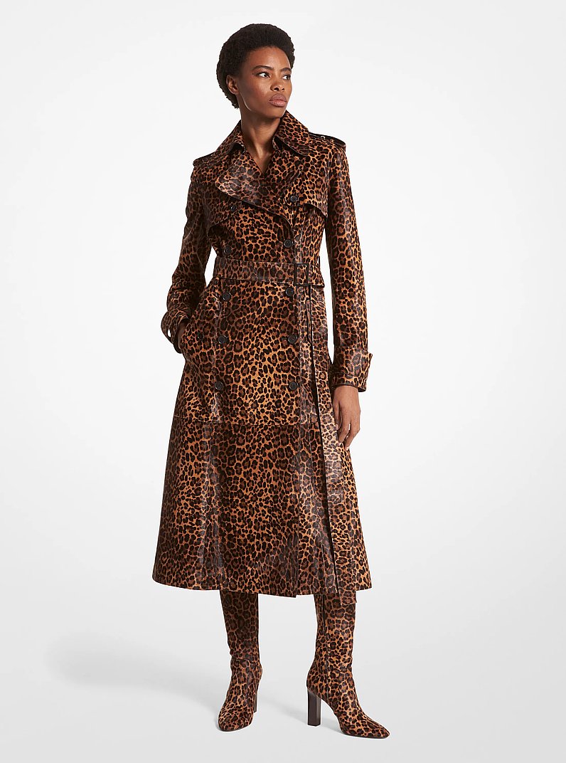 Leopard Print Calf Hair Trench Coat in CHESTNUT MULTI | Michael Kors
