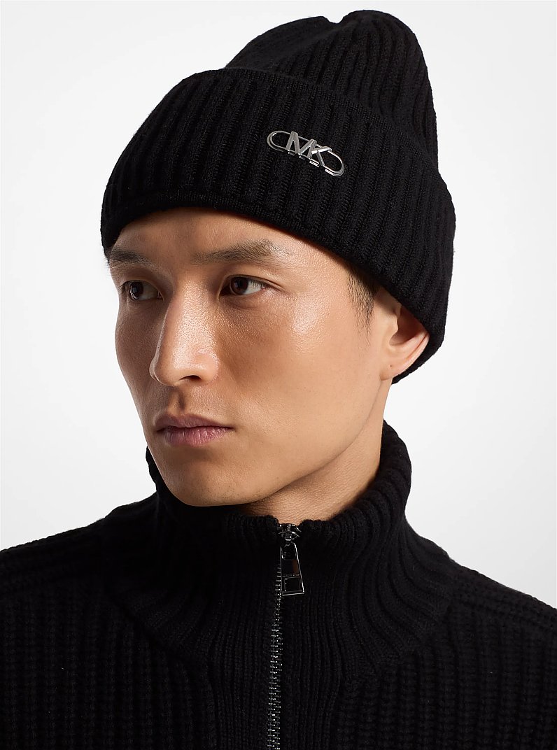 Ribbed Stretch Wool Beanie Hat in BLACK | Michael Kors