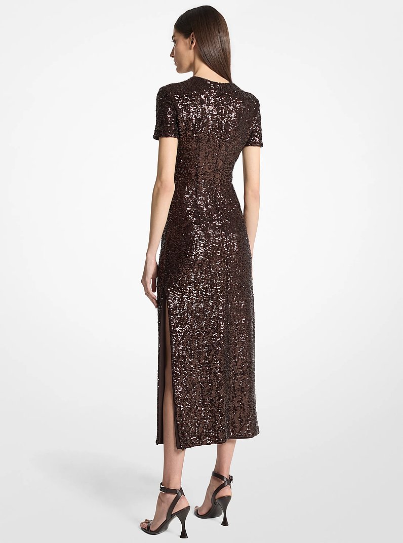 Vestido midi el&aacute;stico con lentejuelas y estilo camiseta in CHOCOLATE | Michael Kors