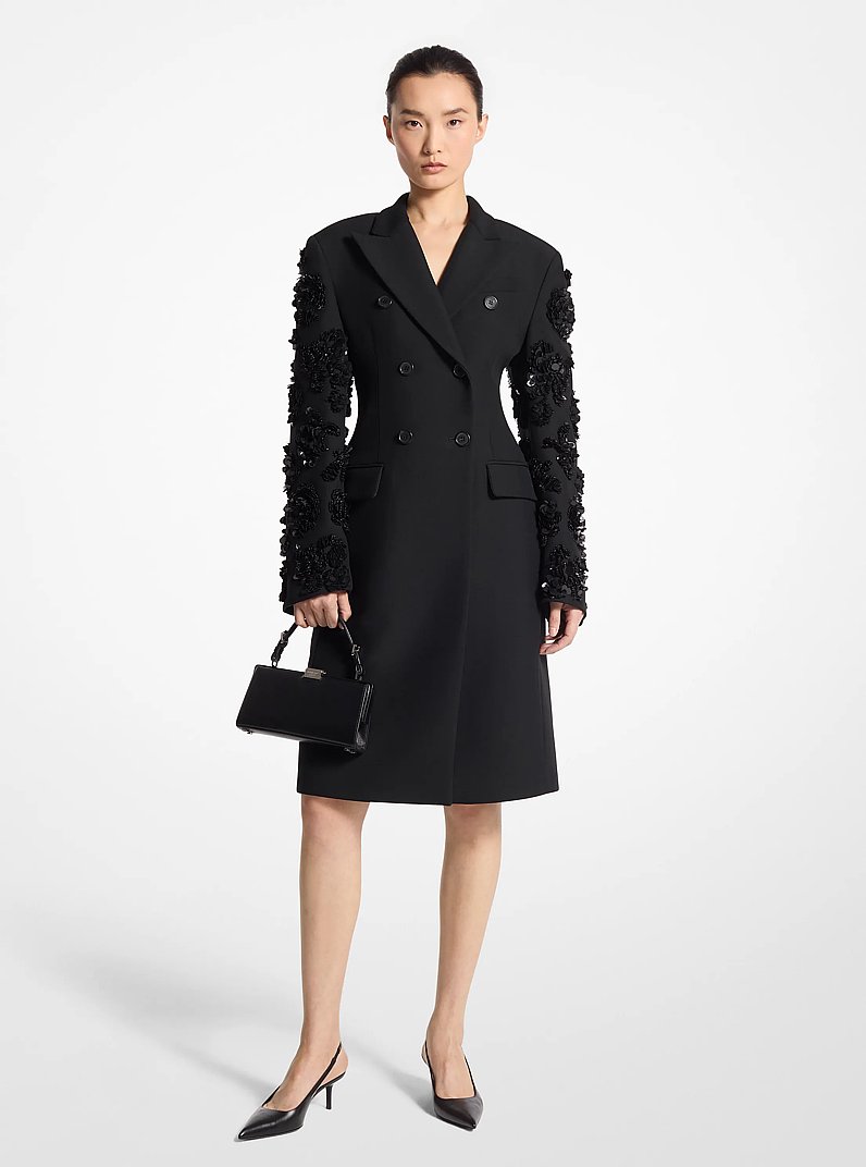 Wool Blend Gabardine Double-Breasted Carved Jacket in BLACK | Michael Kors