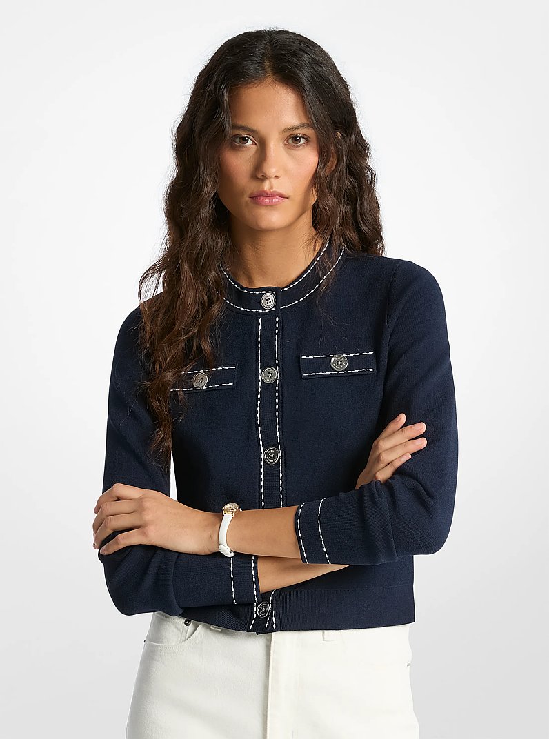 Contrast-Trim Stretch Knit Cardigan in MIDNIGHTBLUE | Michael Kors