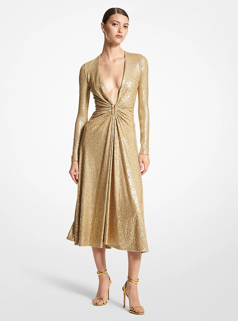 Hand-Embroidered Sequin Stretch Jersey Dance Dress in DUNE | Michael Kors