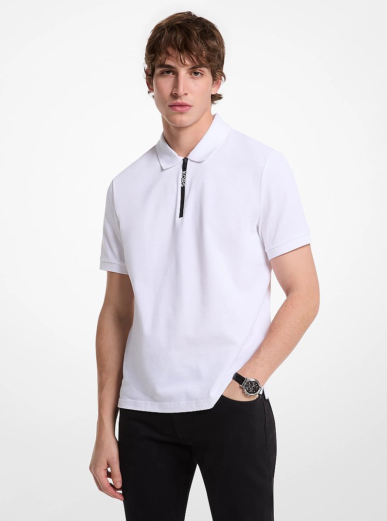 Cotton Zip-Up Polo Shirt in WHITE | Michael Kors