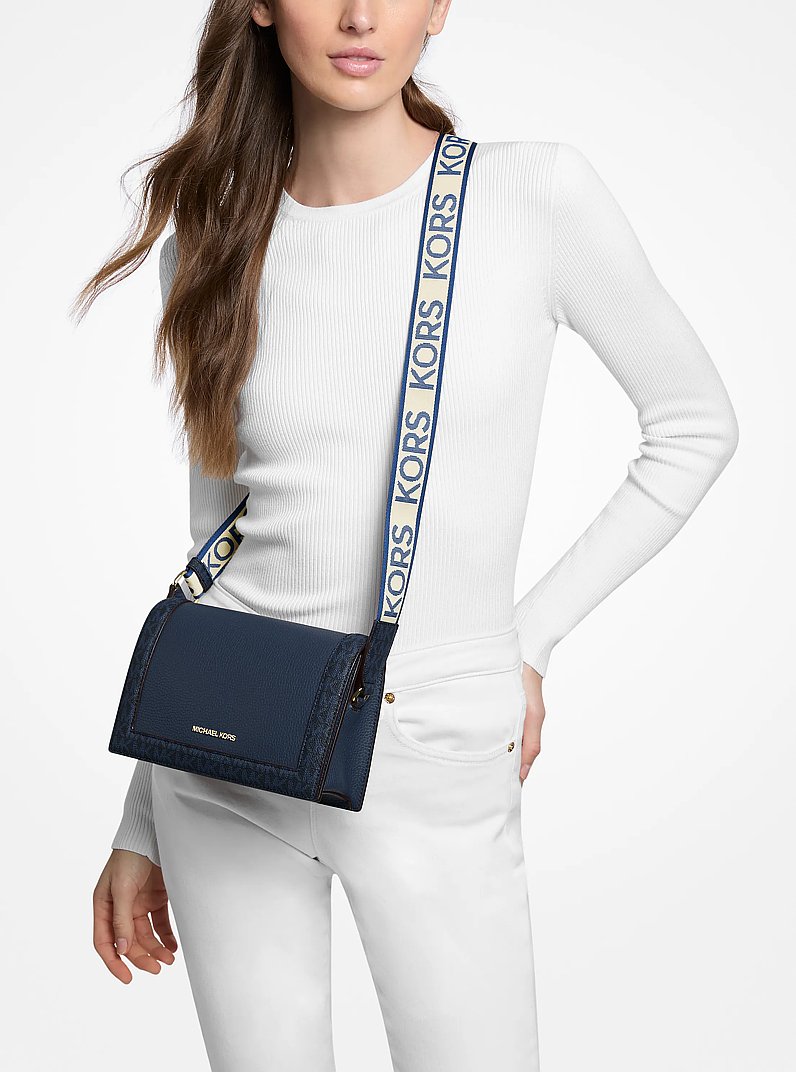 Borsa a tracolla Jet Set grande in pelle martellata e stampa logo in NAVY | Michael Kors