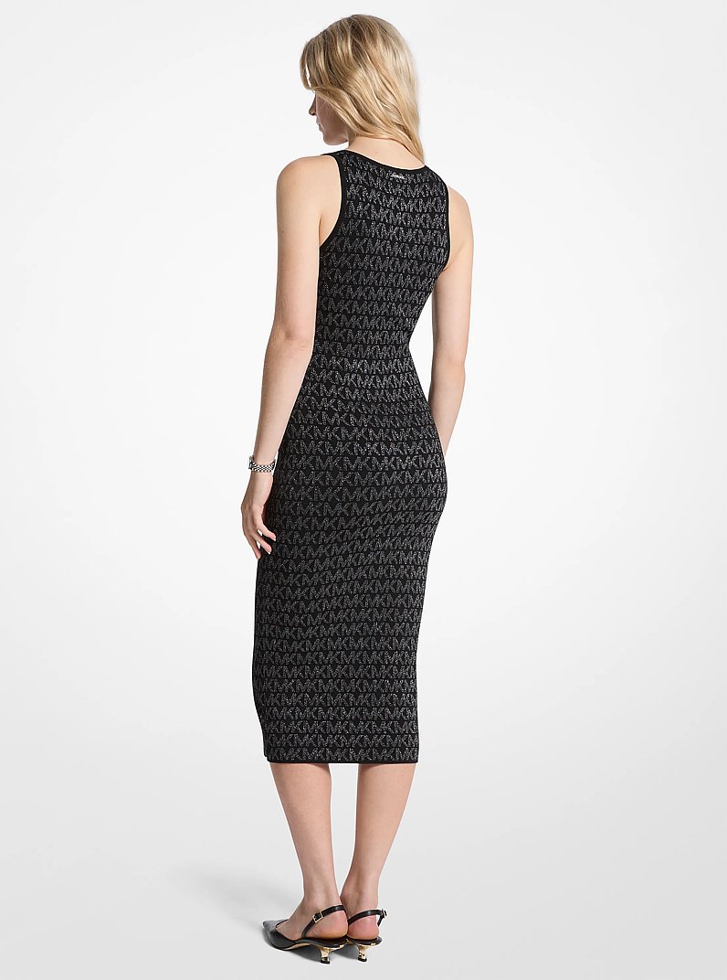 Metallic Logo Jacquard Midi Dress in BLACK/SILVER | Michael Kors