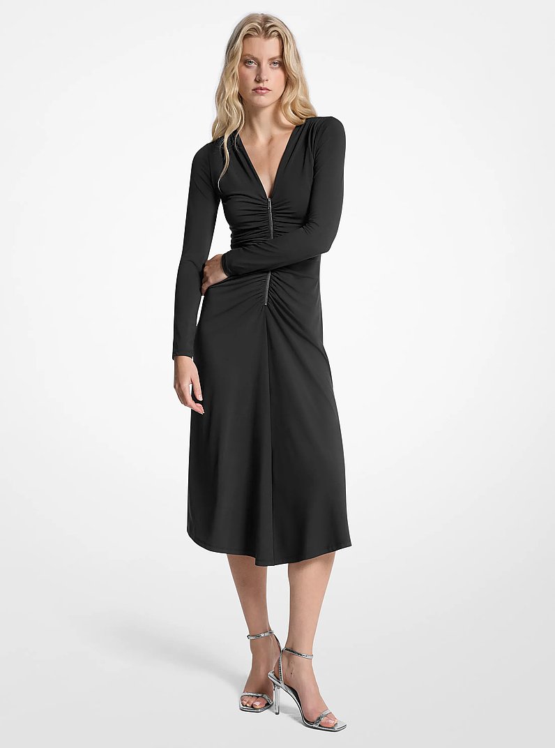 Ruched Stretch Matte Jersey Dress in BLACK | Michael Kors