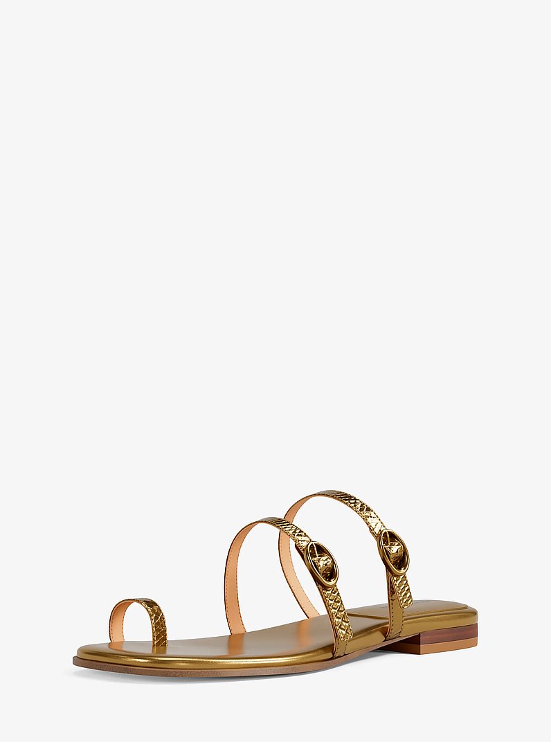Kya Metallic Snake Embossed Leather Flat Sandal in ANTIQUE GOLD | Michael Kors