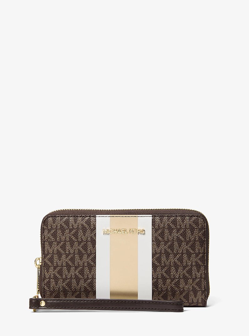 Jet Set Large Metallic Signature Logo Stripe Smartphone Wallet in MARR&Oacute;N | Michael Kors